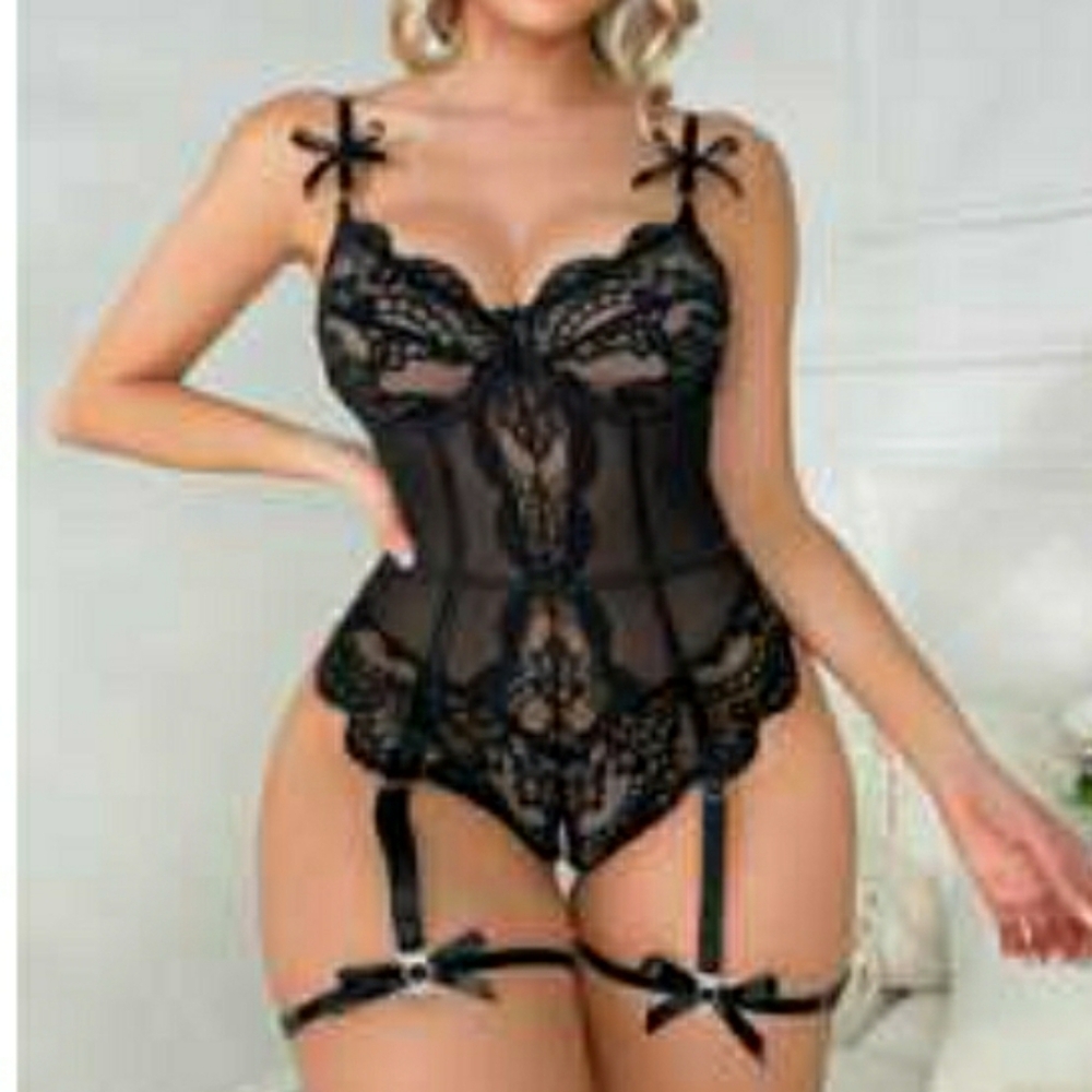 SHEIN Elegant Black Lace Bodysuit with Garter Straps